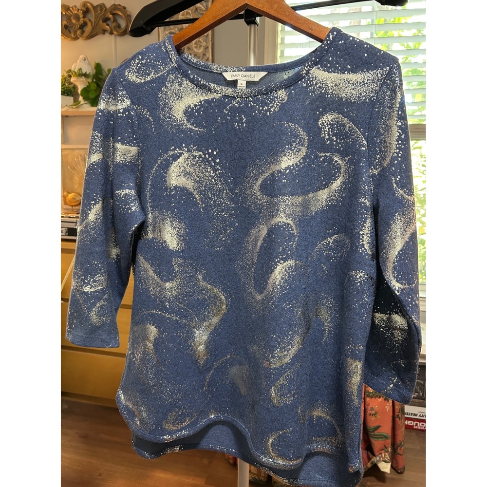 Ellen Tracy Navy Metallic Swirl Long Sleeve Tee